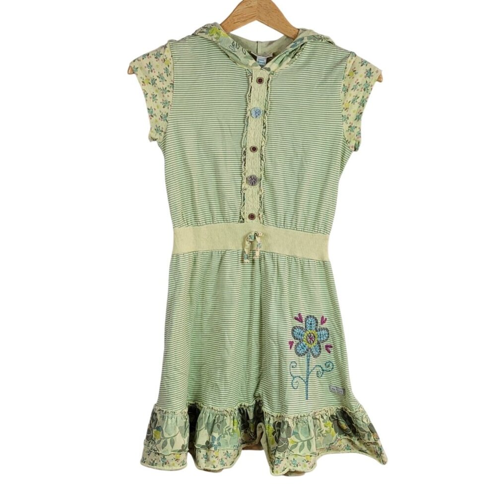 Naartjie Floral Dress Green Small Striped Hood Ruffle Short Sleeve Embroid READ